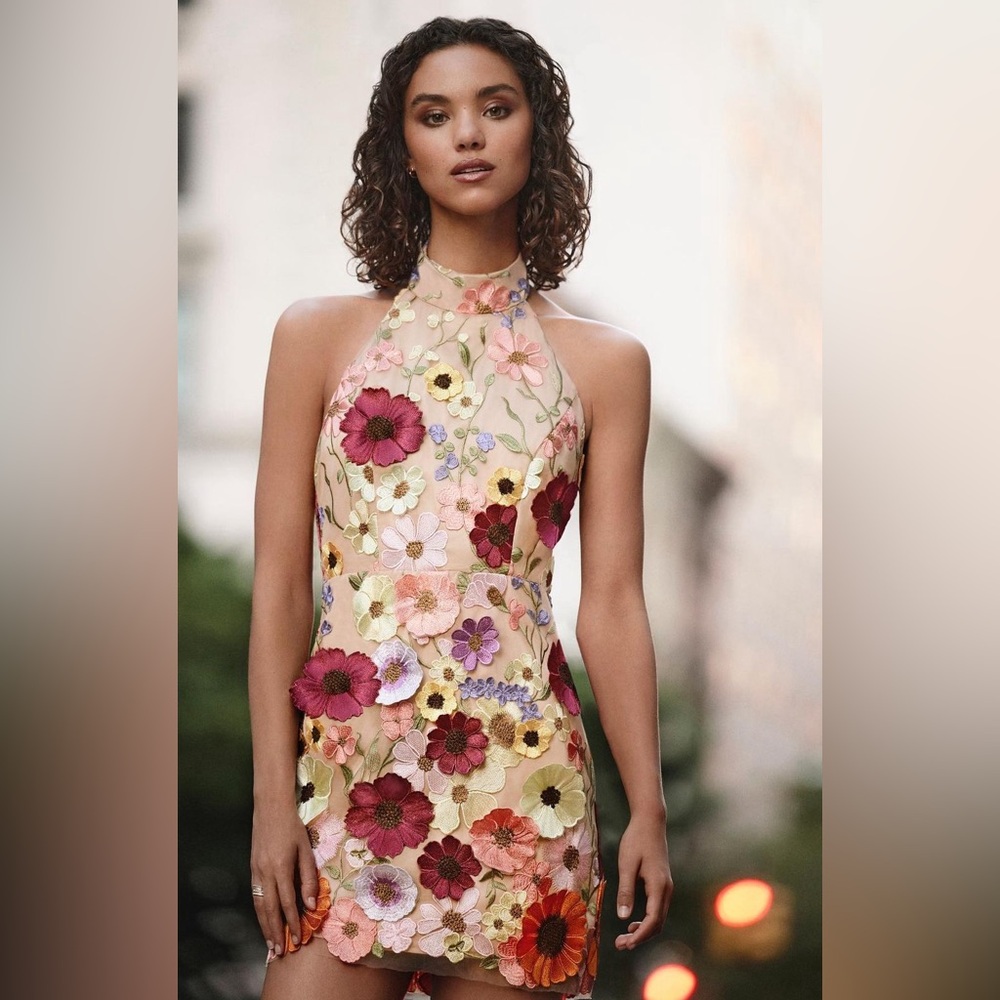 MILLY - Hariet Floral Appliqué Halter Minidress -